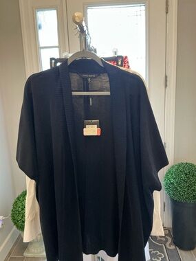 Ming Wang Ribbed Knit Open Cardigan in NAVY BLUE
